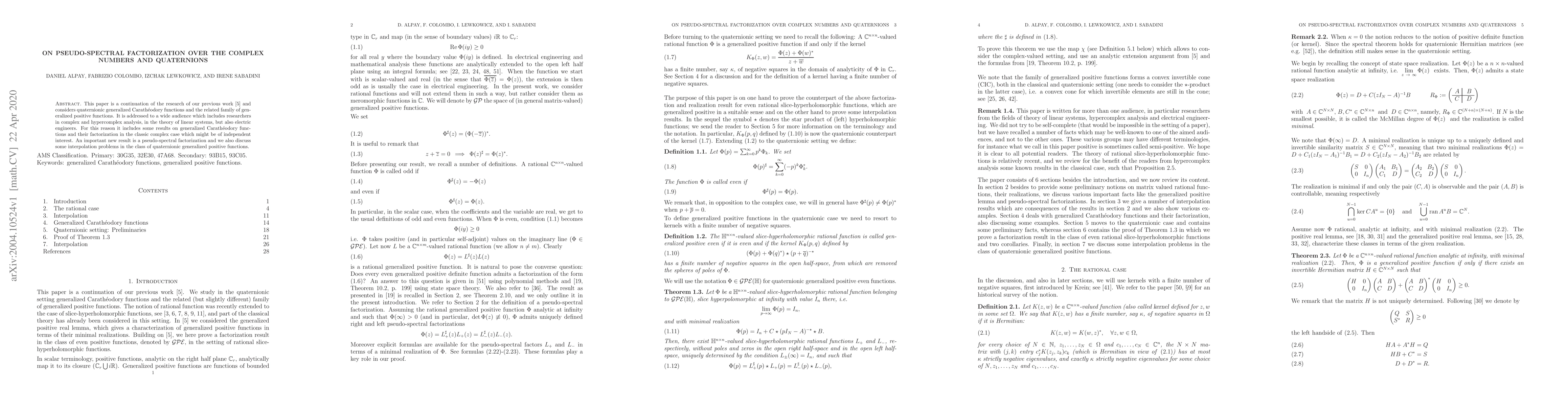 Thumbnail for On Pseudo-Spectral Factorization over the Complex Numbers and
  Quaternions
