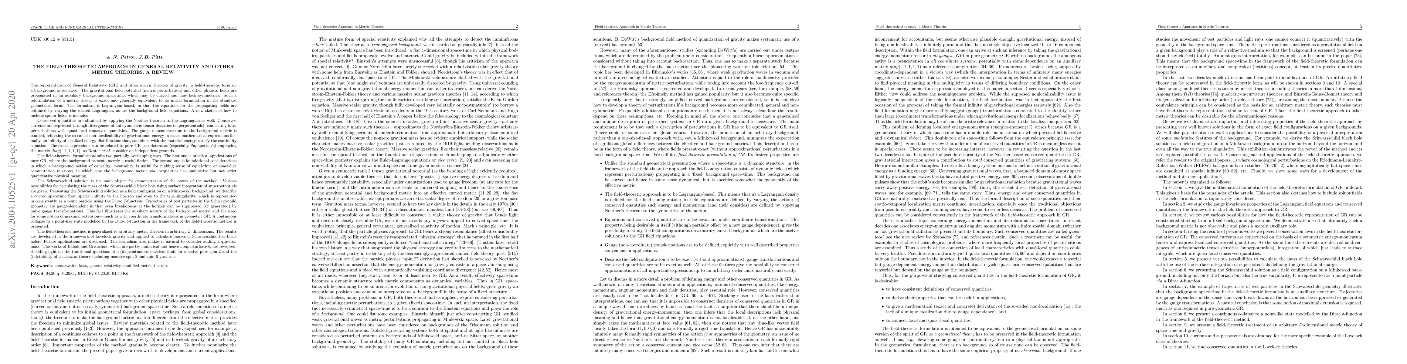 Thumbnail for The Field-Theoretic Approach in General Relativity and Other Metric
  Theories. A Review