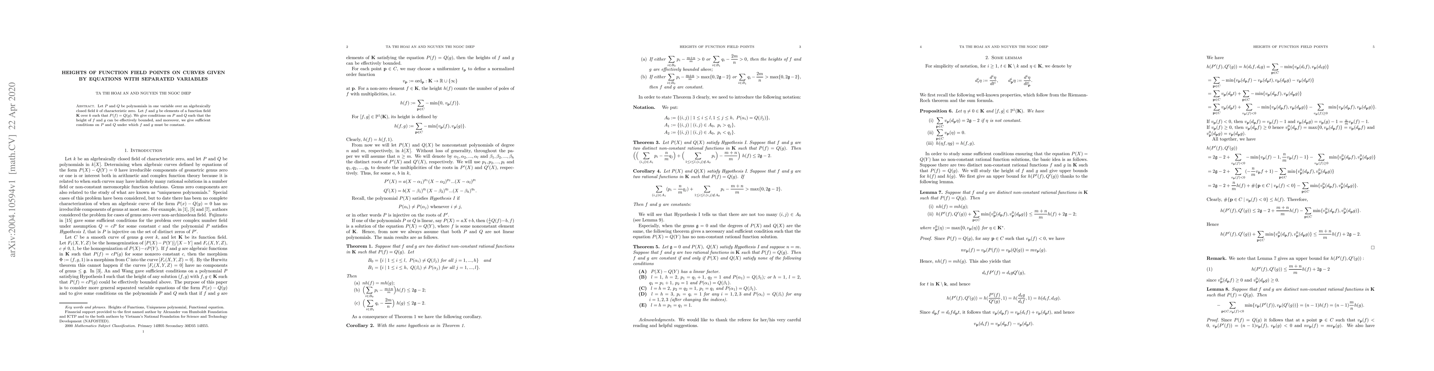 Thumbnail for Heights of Function Field Points on Curves Given by Equations with
  Separated Variables