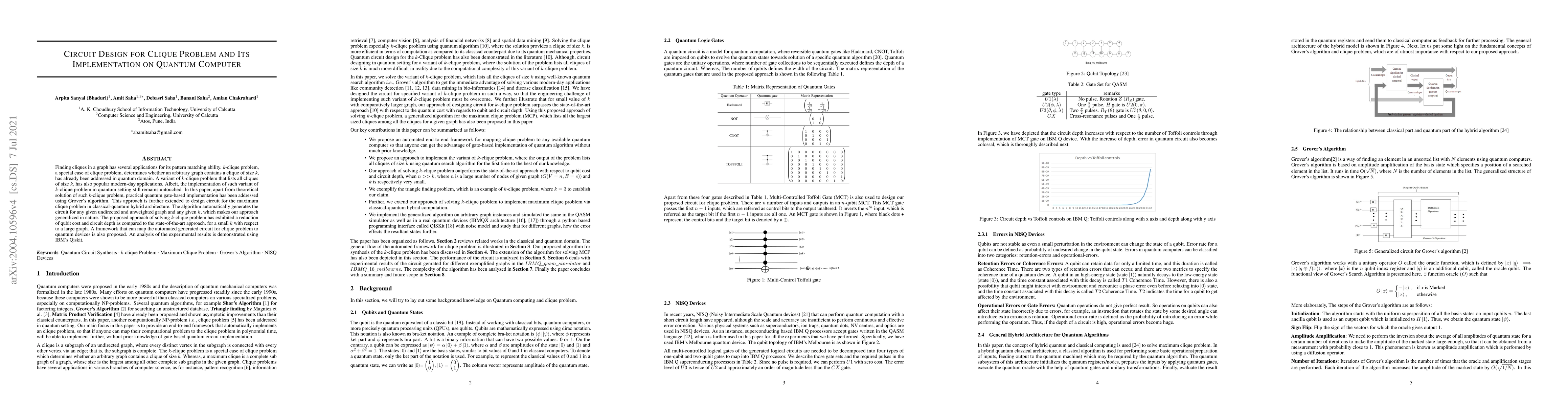Thumbnail for Circuit Design for Clique Problem and Its Implementation on Quantum
  Computer