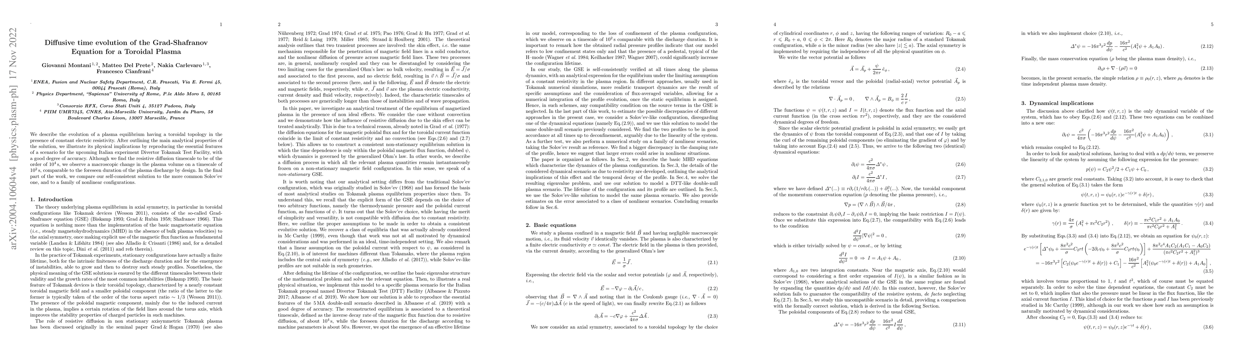 Thumbnail for Diffusive time evolution of the Grad-Shafranov Equation for a Toroidal
  Plasma