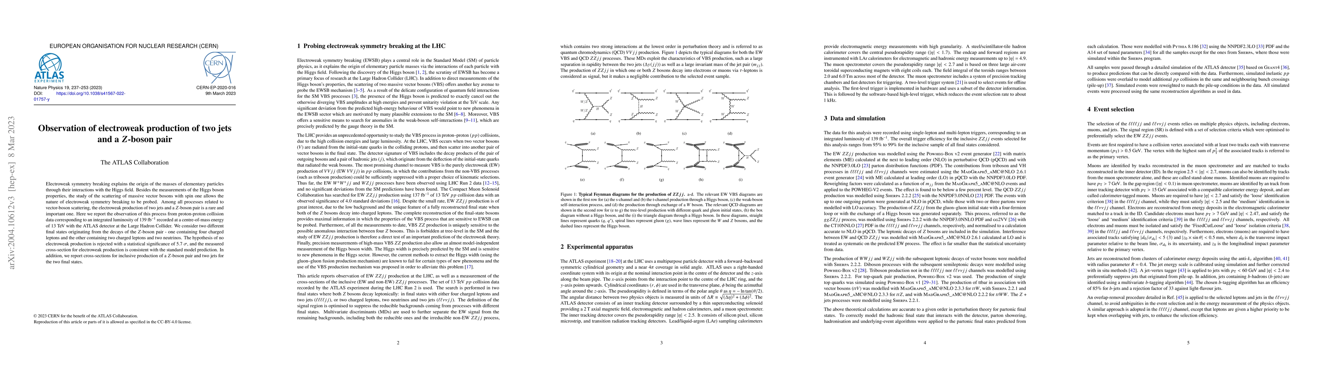 Thumbnail for Observation of electroweak production of two jets and a $Z$-boson pair