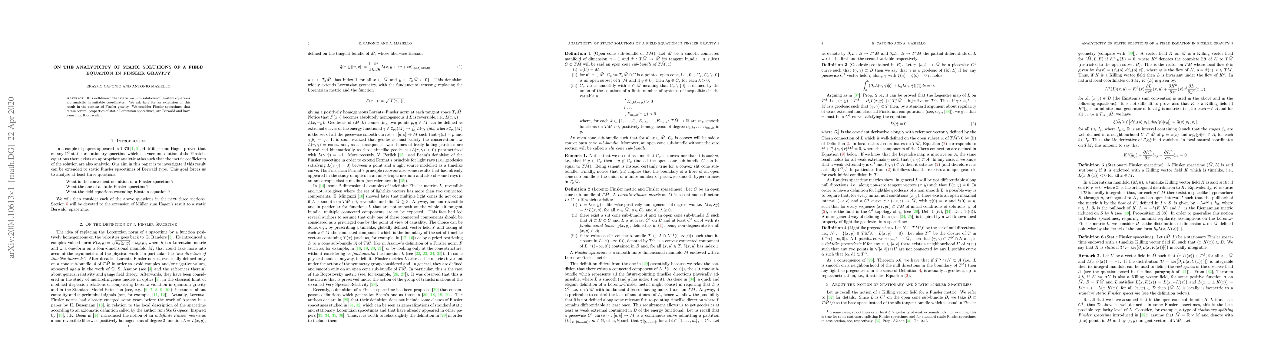 Thumbnail for On the analyticity of static solutions of a field equation in Finsler
  gravity