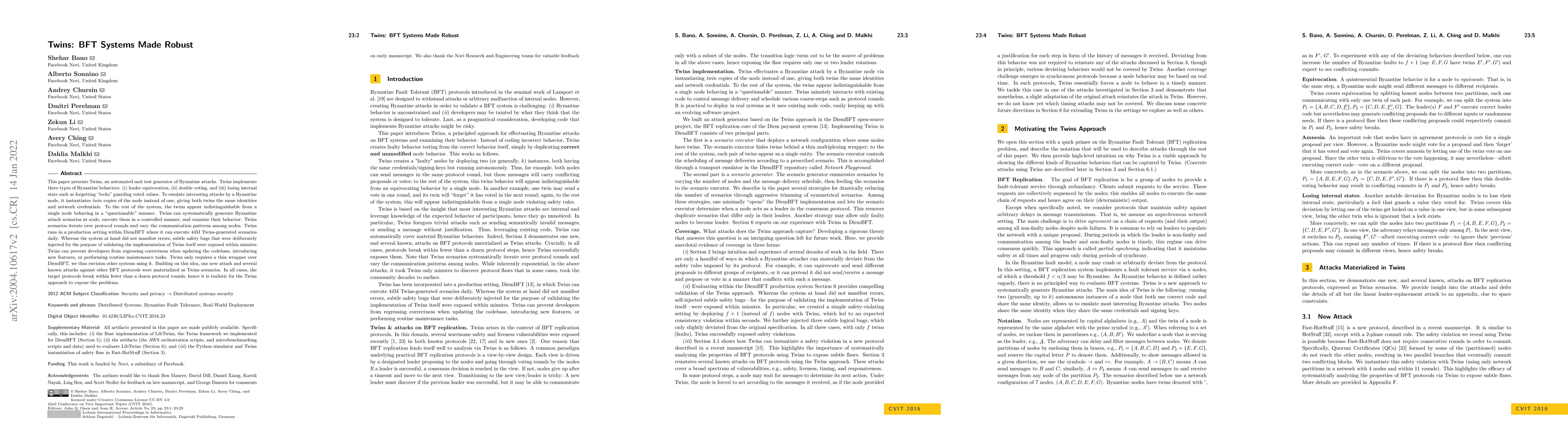 Thumbnail for Twins: BFT Systems Made Robust