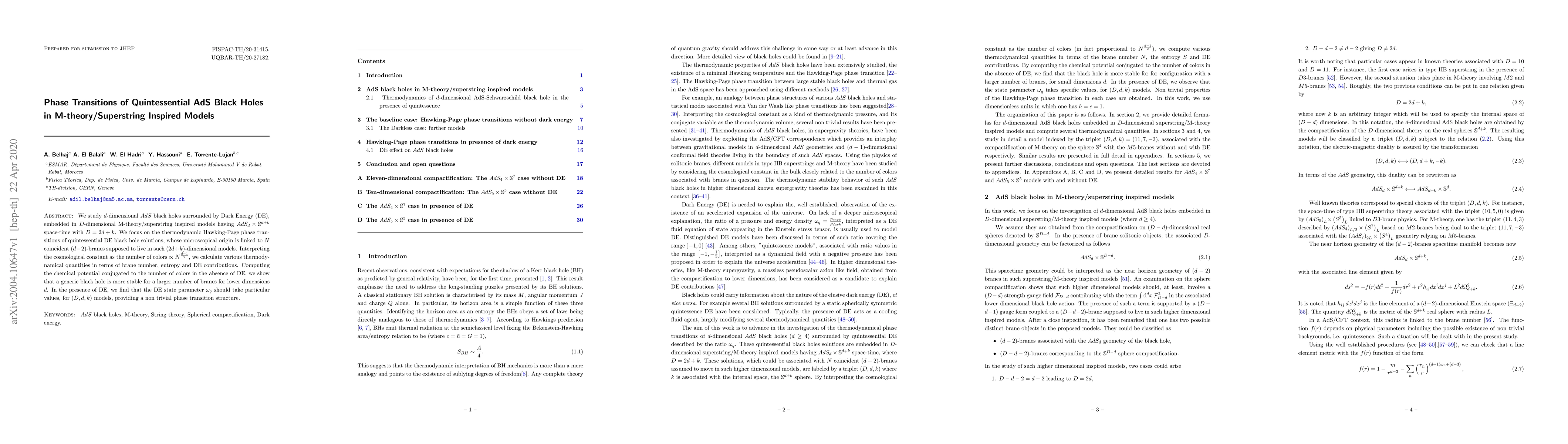 Thumbnail for Phase Transitions of Quintessential AdS Black Holes in
  M-theory/Superstring Inspired Models