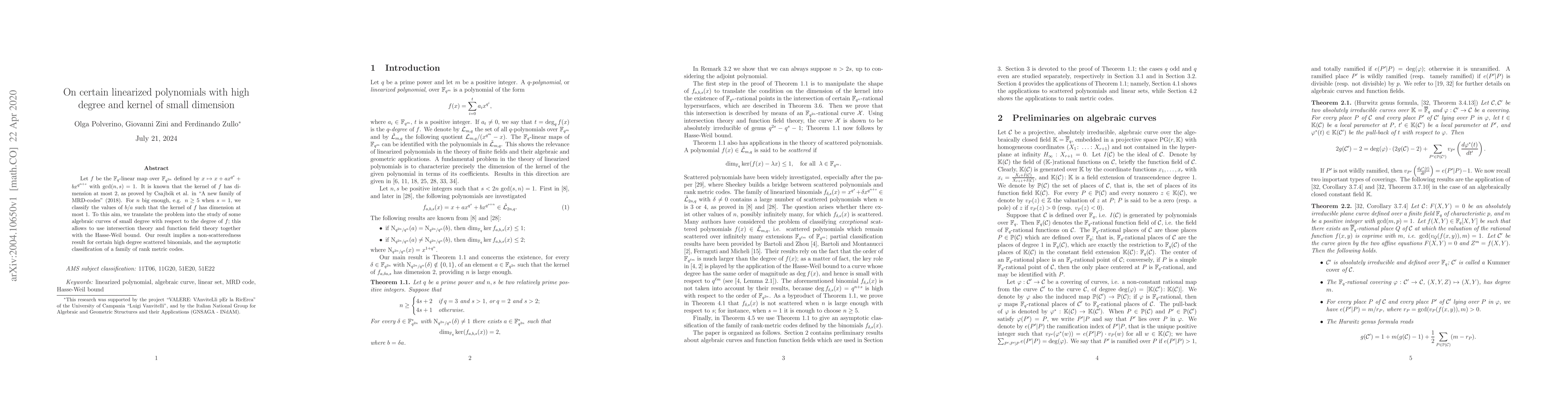 Thumbnail for On certain linearized polynomials with high degree and kernel of small
  dimension