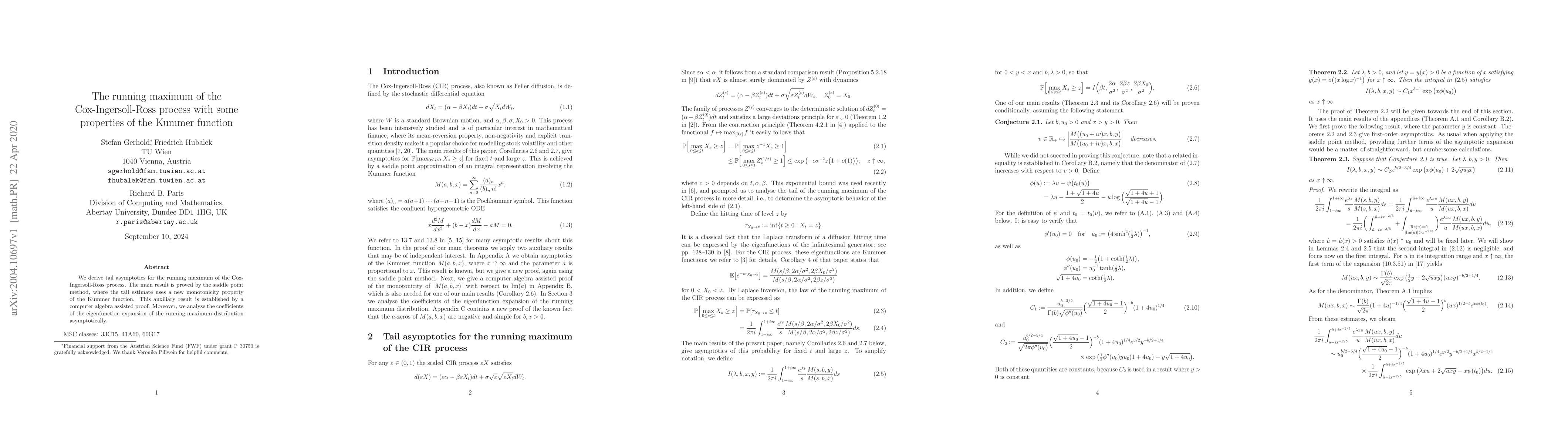 Thumbnail for The running maximum of the Cox-Ingersoll-Ross process with some
  properties of the Kummer function