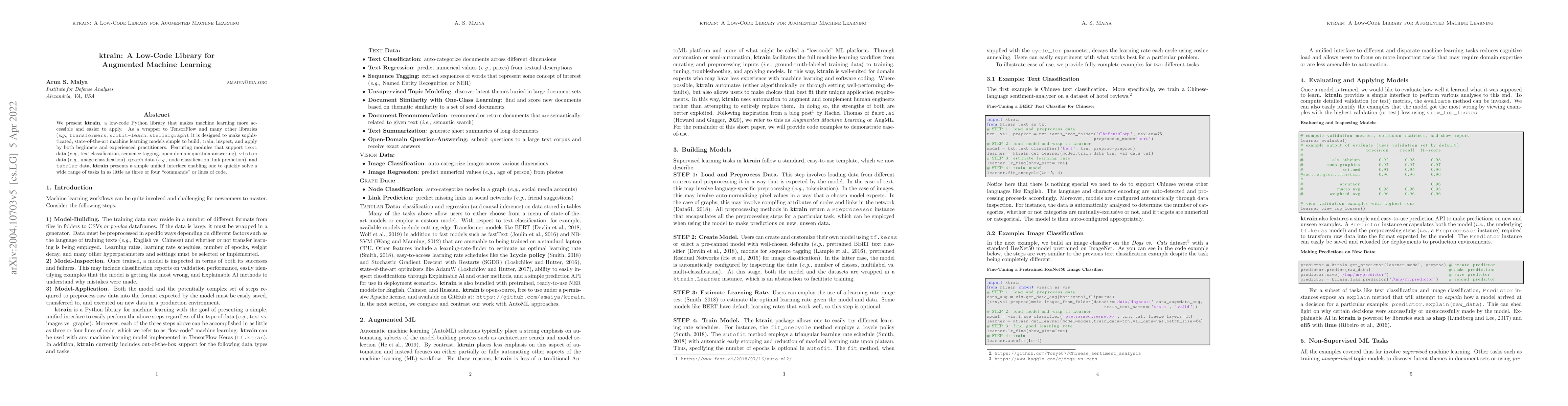 Thumbnail for ktrain: A Low-Code Library for Augmented Machine Learning