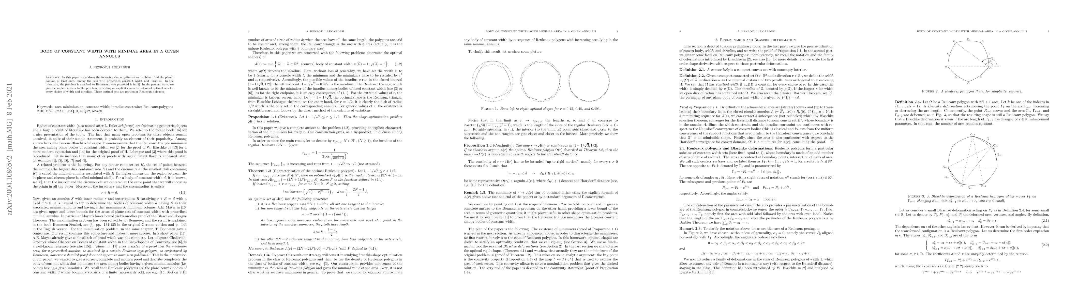Thumbnail for Body of constant width with minimal area in a given annulus
