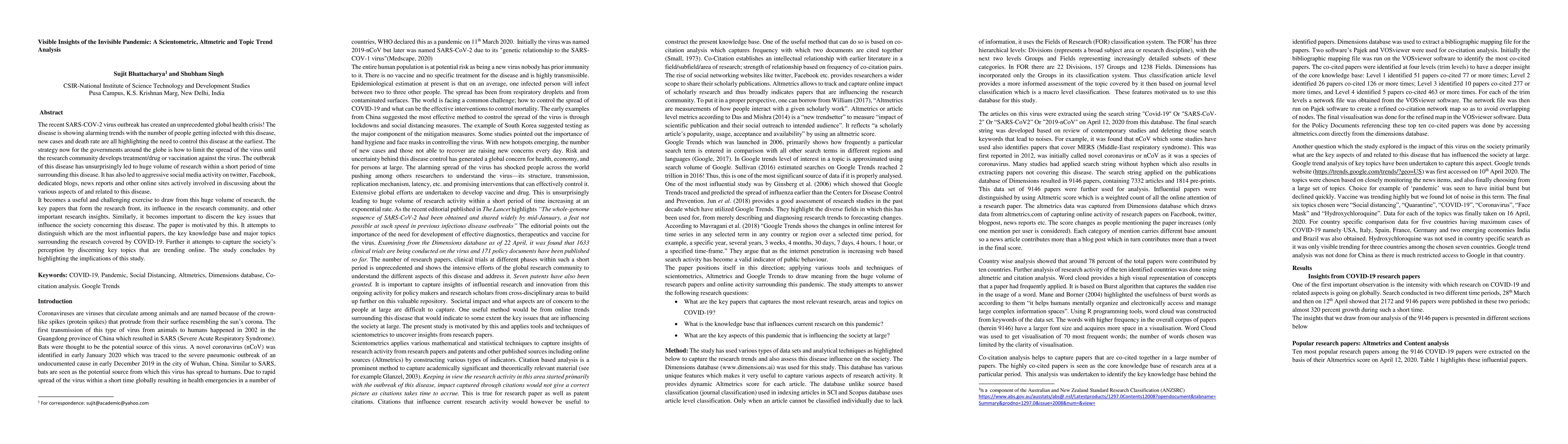 Thumbnail for Visible Insights of the Invisible Pandemic: A Scientometric, Altmetric
  and Topic Trend Analysis