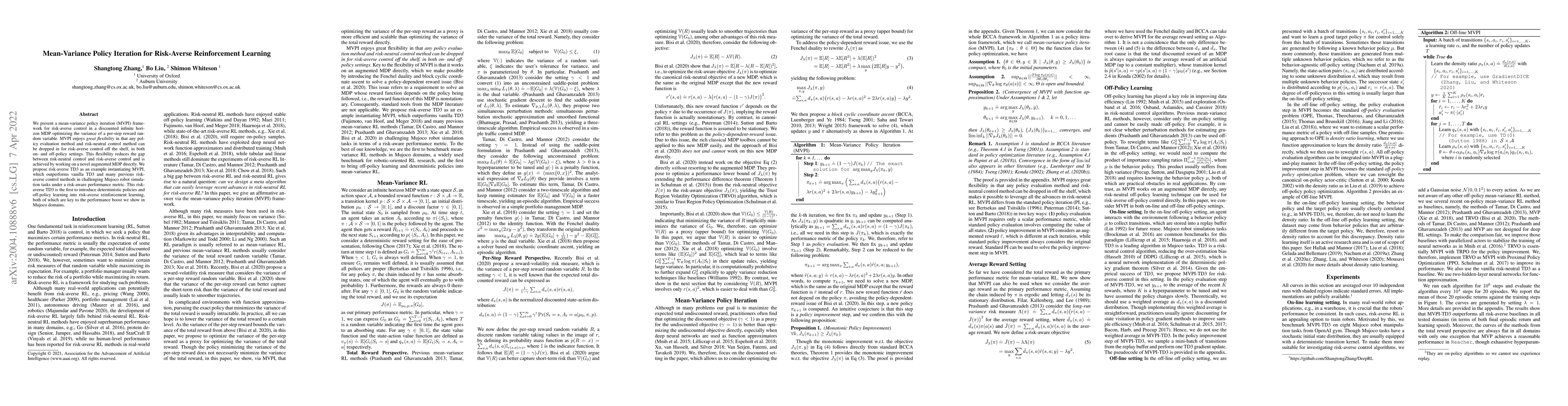 Thumbnail for Mean-Variance Policy Iteration for Risk-Averse Reinforcement Learning
