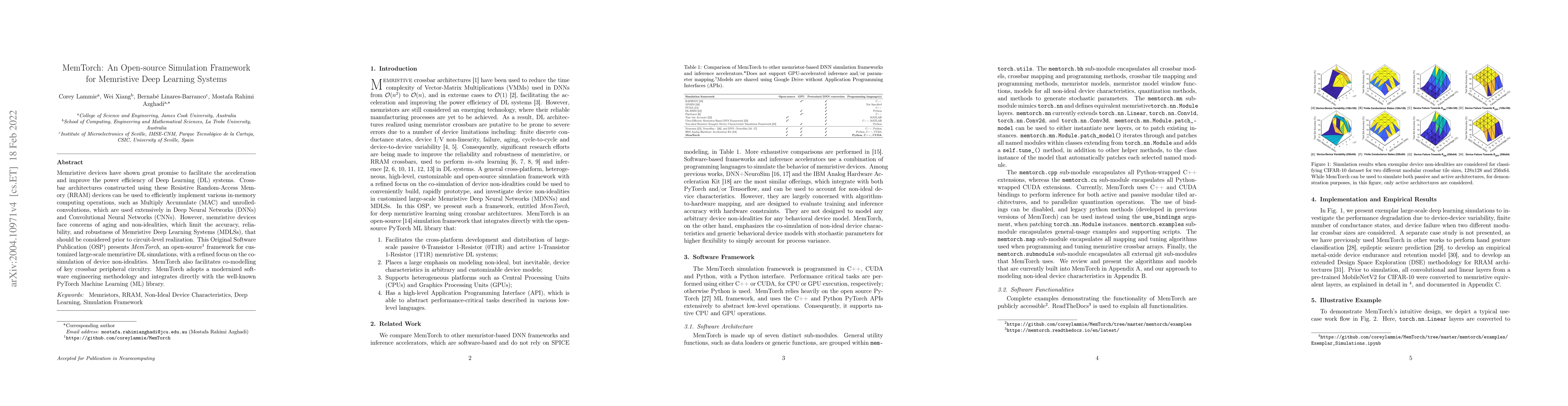 Thumbnail for MemTorch: An Open-source Simulation Framework for Memristive Deep
  Learning Systems