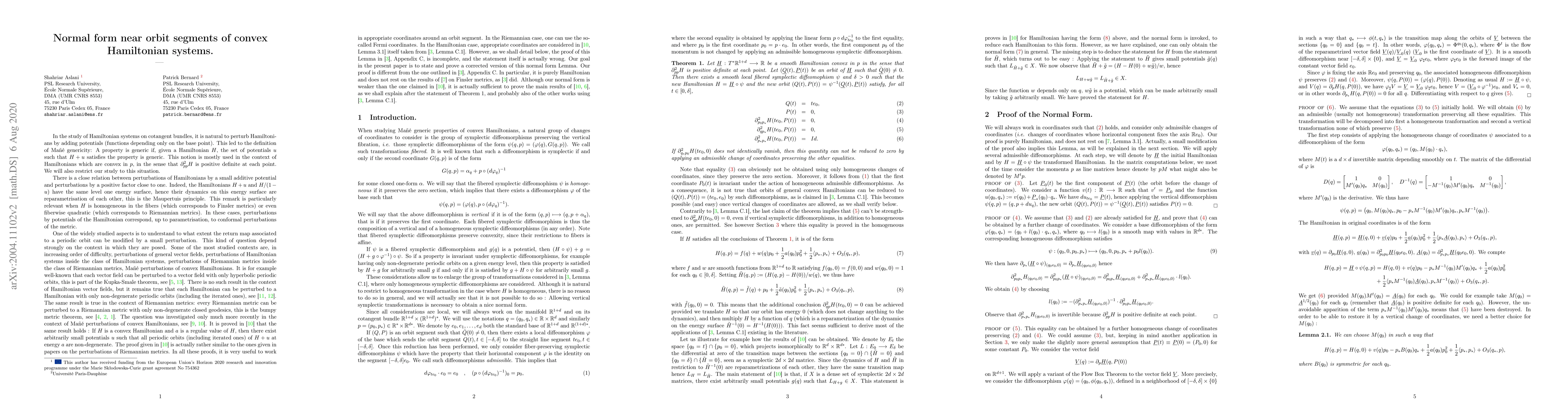 Thumbnail for Normal form near orbit segments of convex Hamiltonian systems