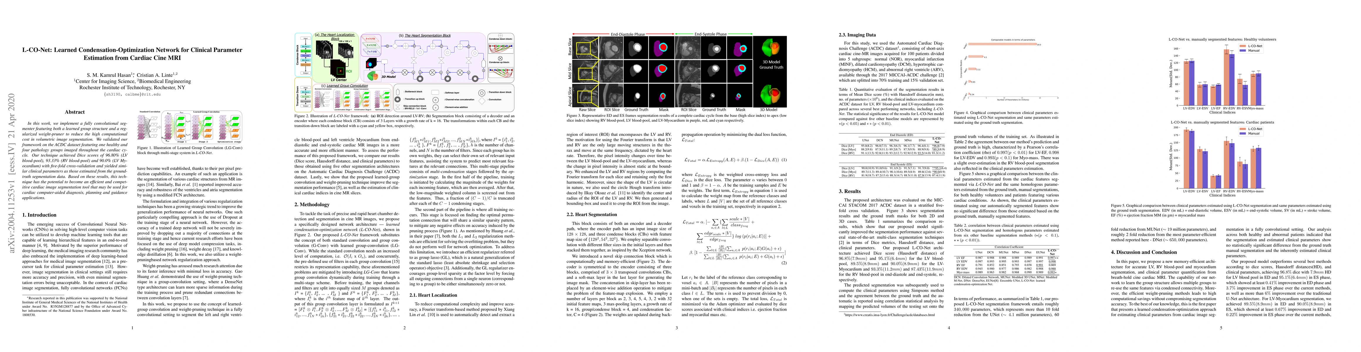 Thumbnail for L-CO-Net: Learned Condensation-Optimization Network for Clinical
  Parameter Estimation from Cardiac Cine MRI