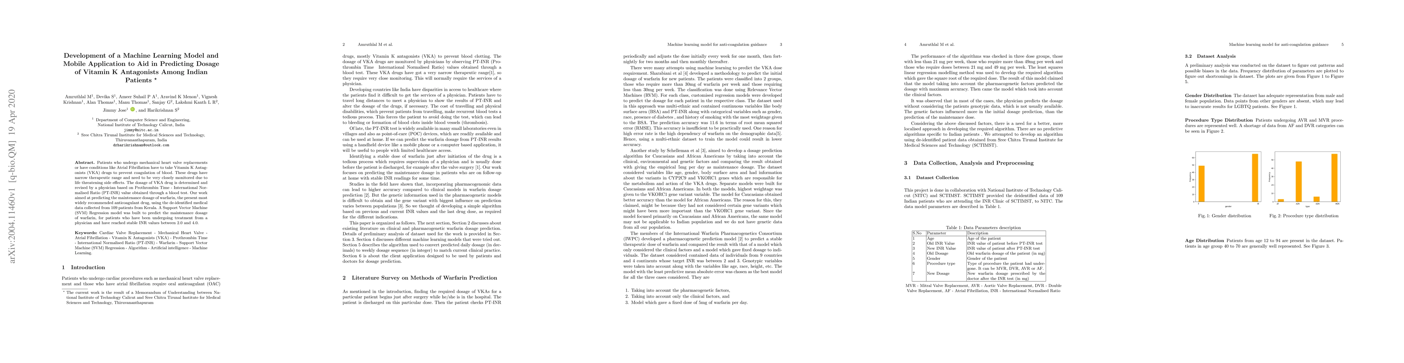Thumbnail for Development of a Machine Learning Model and Mobile Application to Aid in
  Predicting Dosage of Vitamin K Antagonists Among Indian Patients