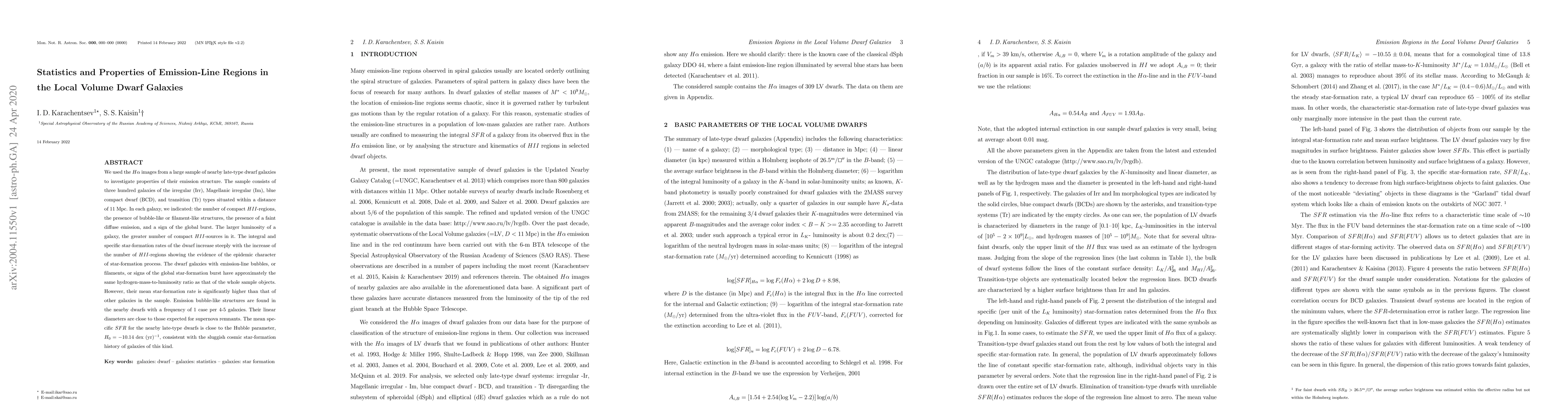 Thumbnail for Statistics and Properties of Emission-Line Regions in the Local Volume
  Dwarf Galaxies