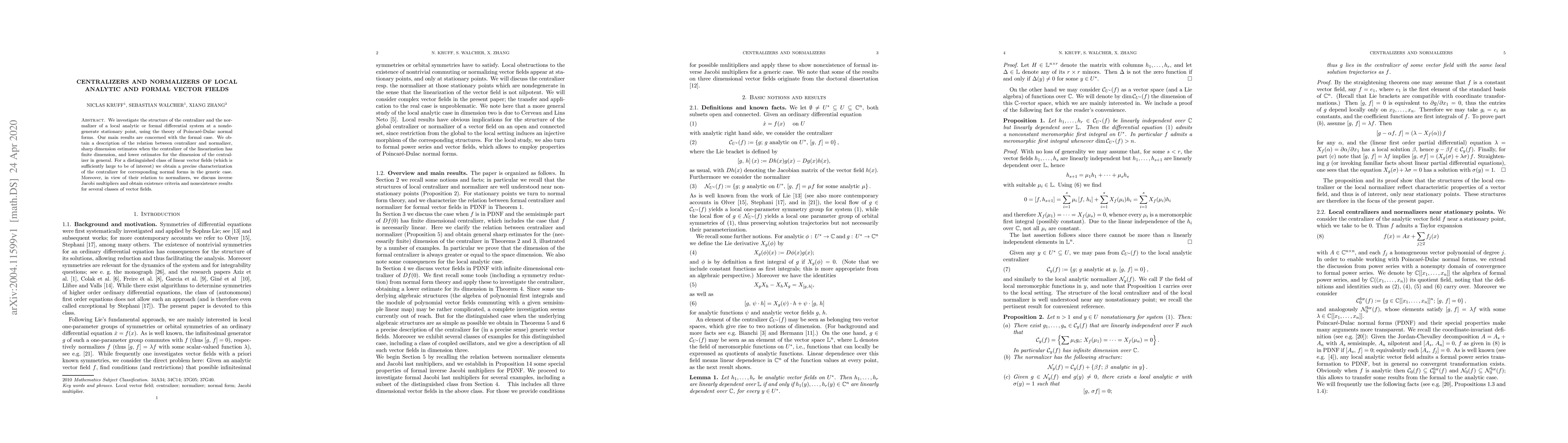 Thumbnail for Centralizers and normalizers of local analytic and formal vector fields