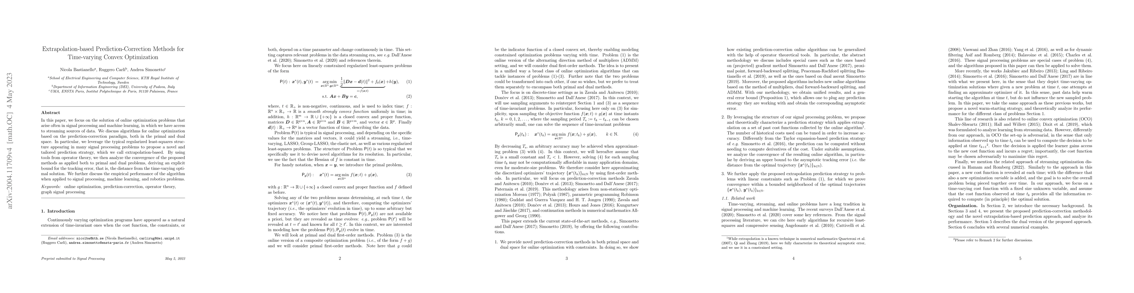 Thumbnail for Extrapolation-based Prediction-Correction Methods for Time-varying
  Convex Optimization