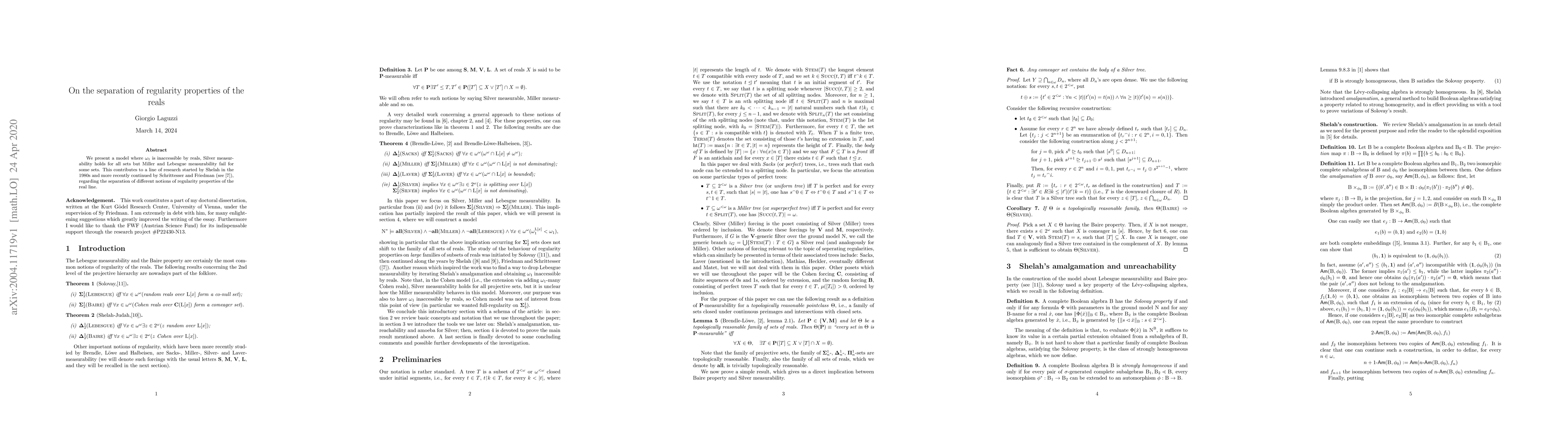 Thumbnail for On the sepration of regularity properties of the reals
