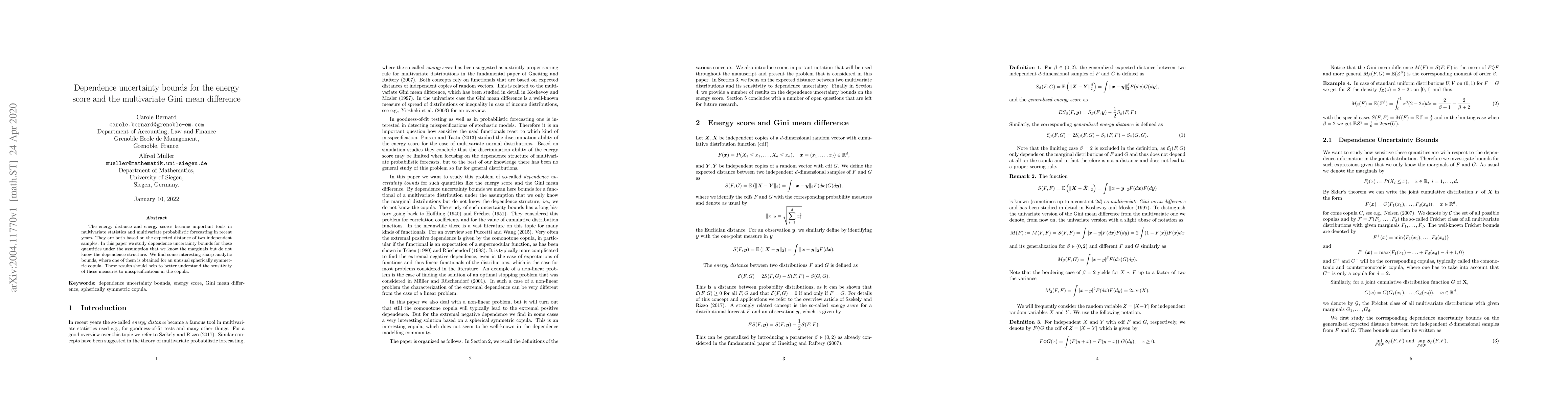 Thumbnail for Dependence uncertainty bounds for the energy score and the multivariate
  Gini mean difference