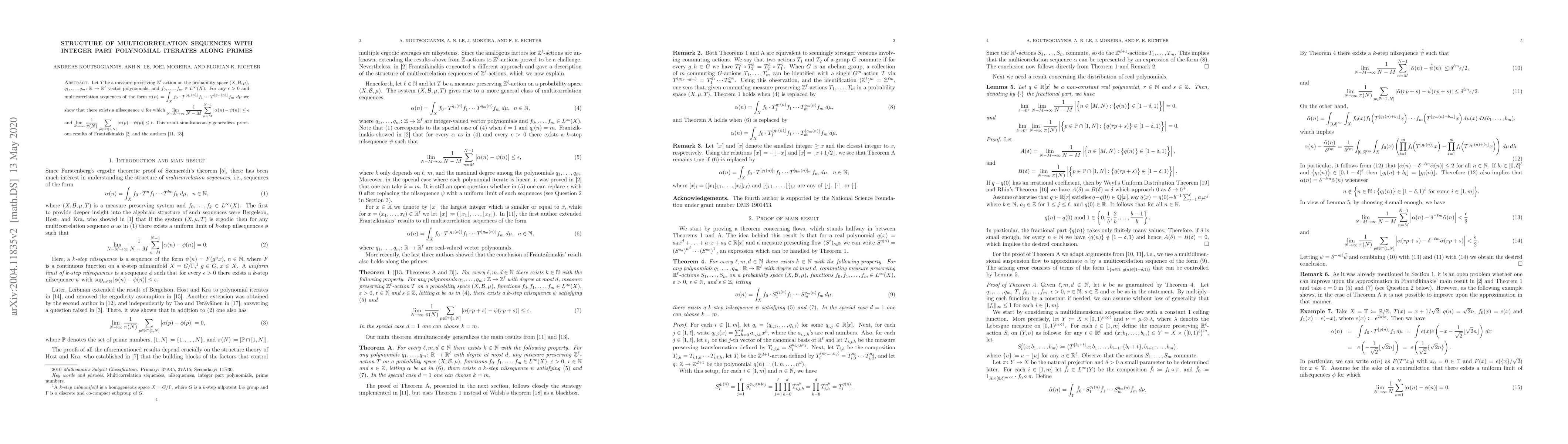 Thumbnail for Structure of multicorrelation sequences with integer part polynomial
  iterates along primes