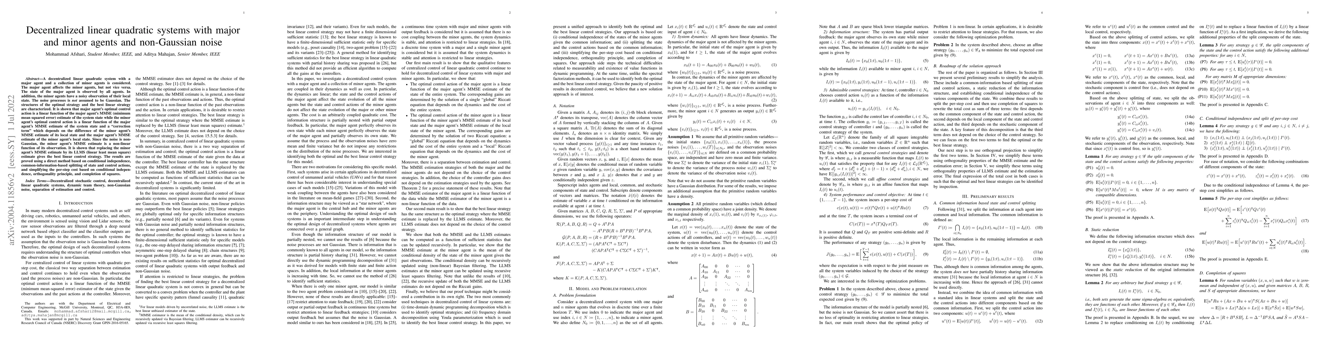 Thumbnail for Decentralized linear quadratic systems with major and minor agents and
  non-Gaussian noise