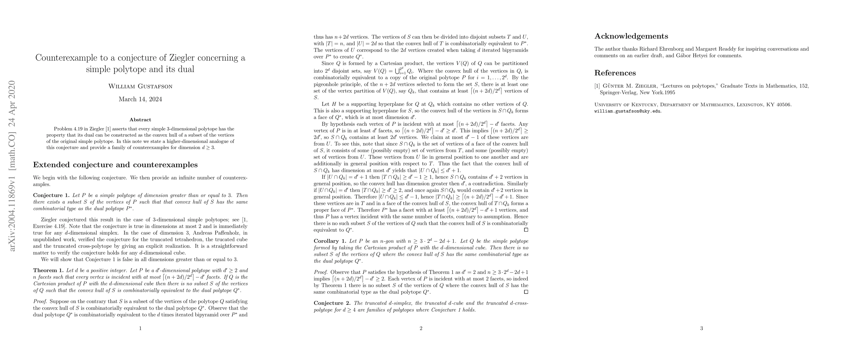 Thumbnail for Counterexample to a conjecture of Ziegler concerning a simple polytope
  and its dual