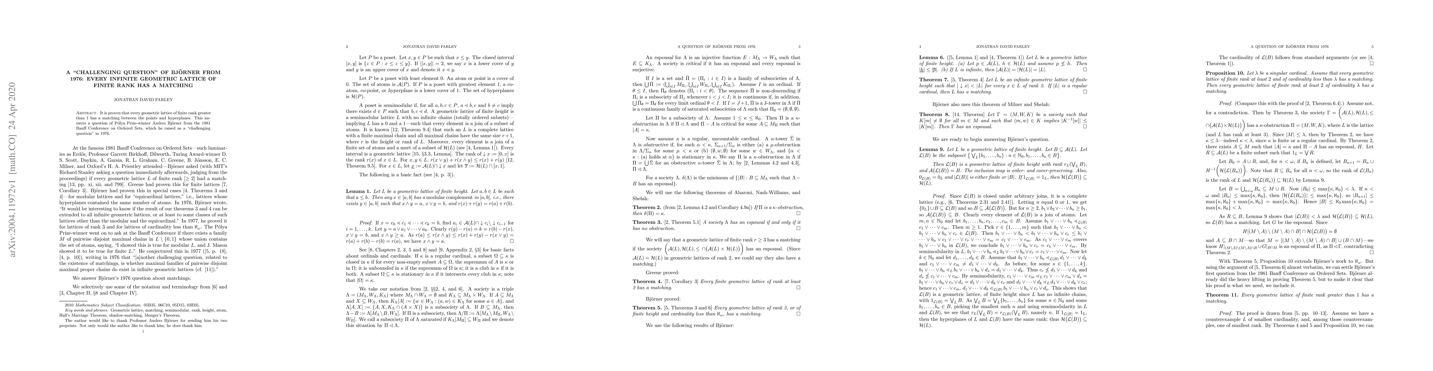 Thumbnail for A "Challenging Question" of Bj\"orner from 1976: Every Infinite
  Geometric Lattice of Finite Rank Has a Matching