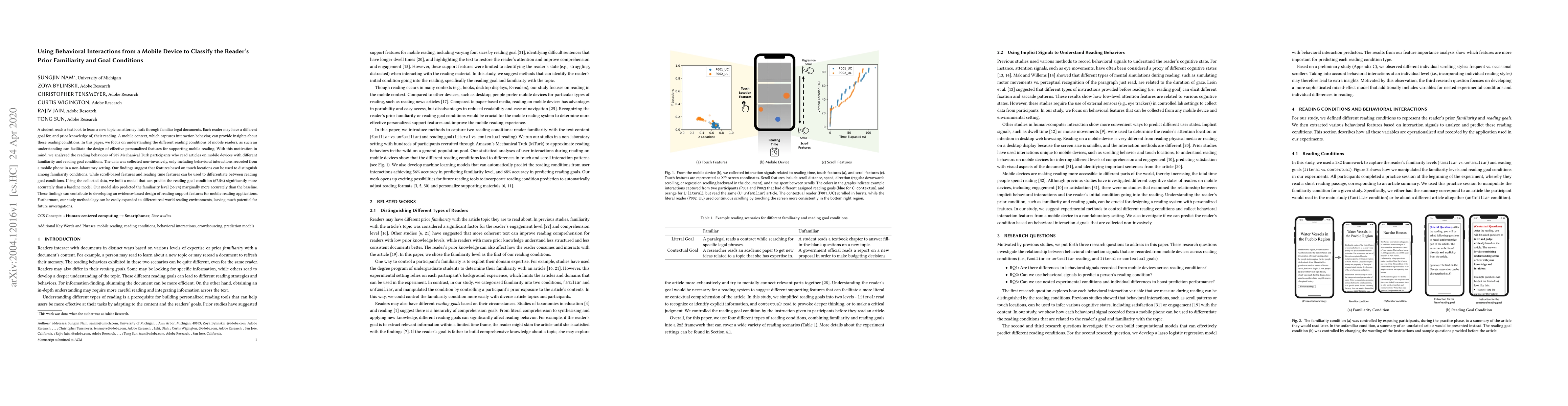 Thumbnail for Using Behavioral Interactions from a Mobile Device to Classify the
  Reader's Prior Familiarity and Goal Conditions