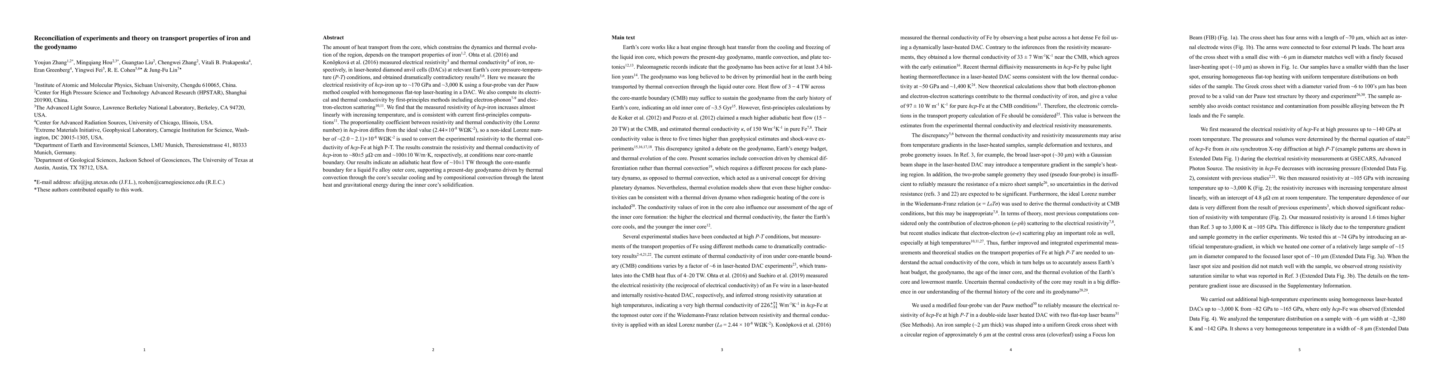 Thumbnail for Reconciliation of experiments and theory on transport properties of iron
  and the geodynamo