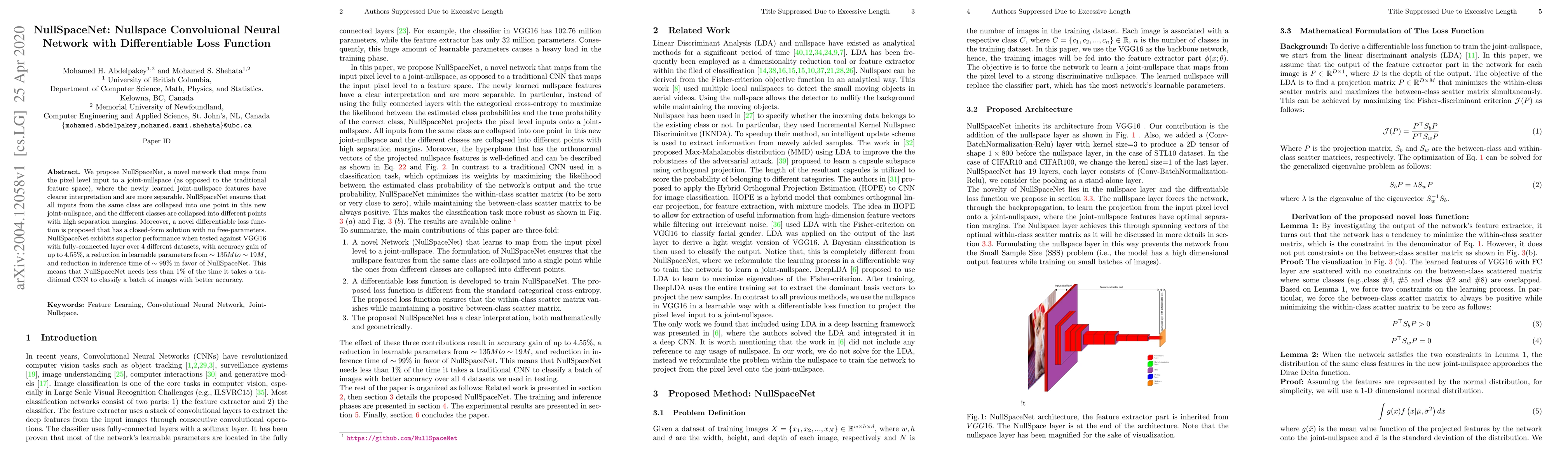 Thumbnail for NullSpaceNet: Nullspace Convoluional Neural Network with Differentiable
  Loss Function