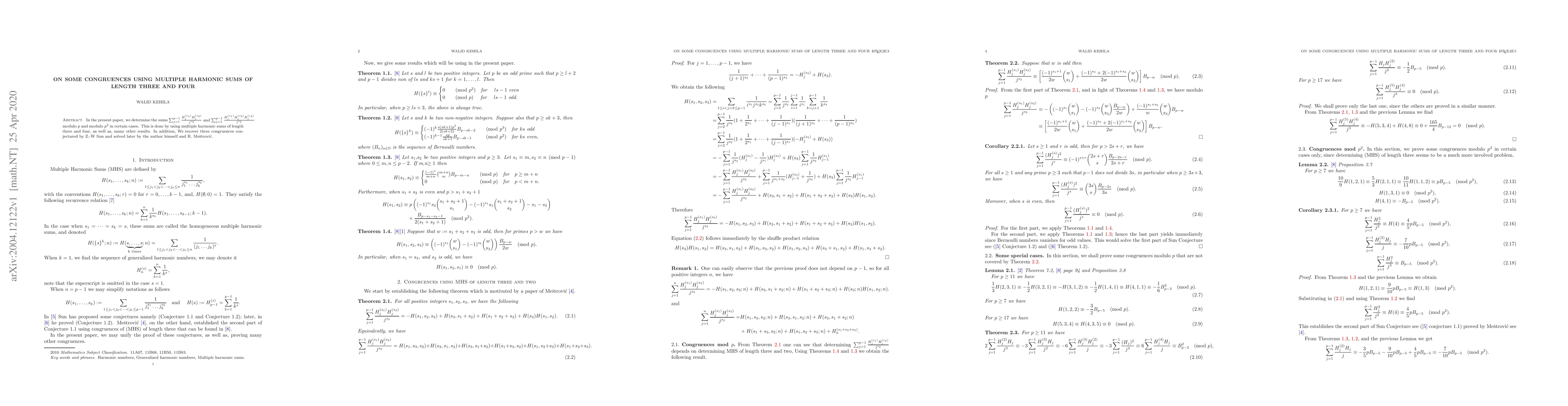 Thumbnail for On some congruences using multiple harmonic sums of length three and
  four