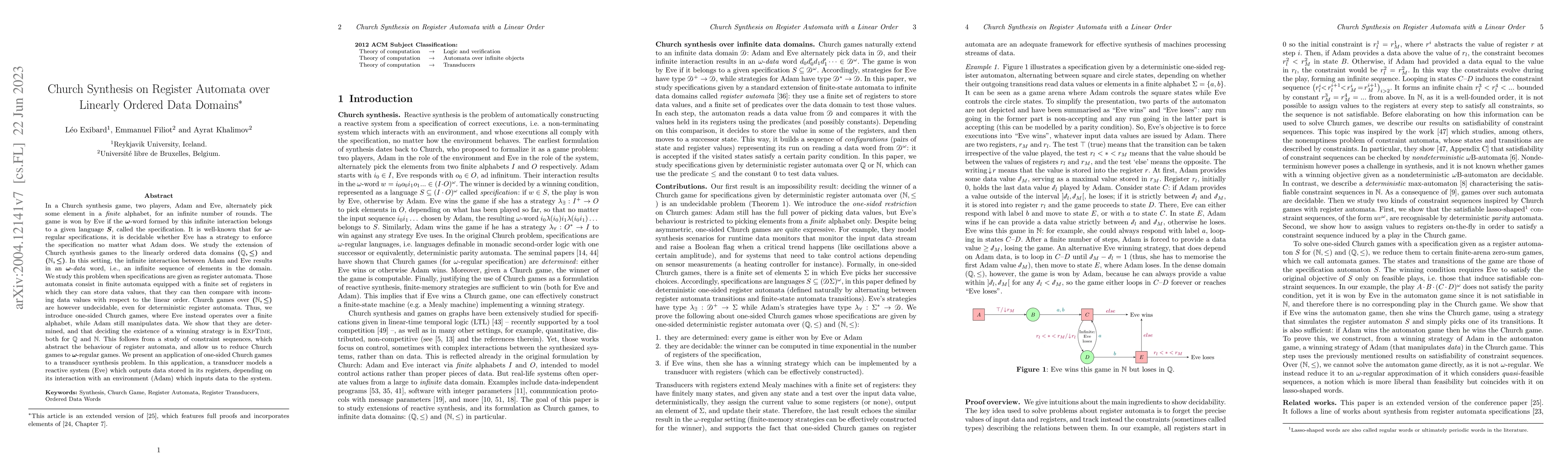 Thumbnail for Church Synthesis on Register Automata over Linearly Ordered Data Domains