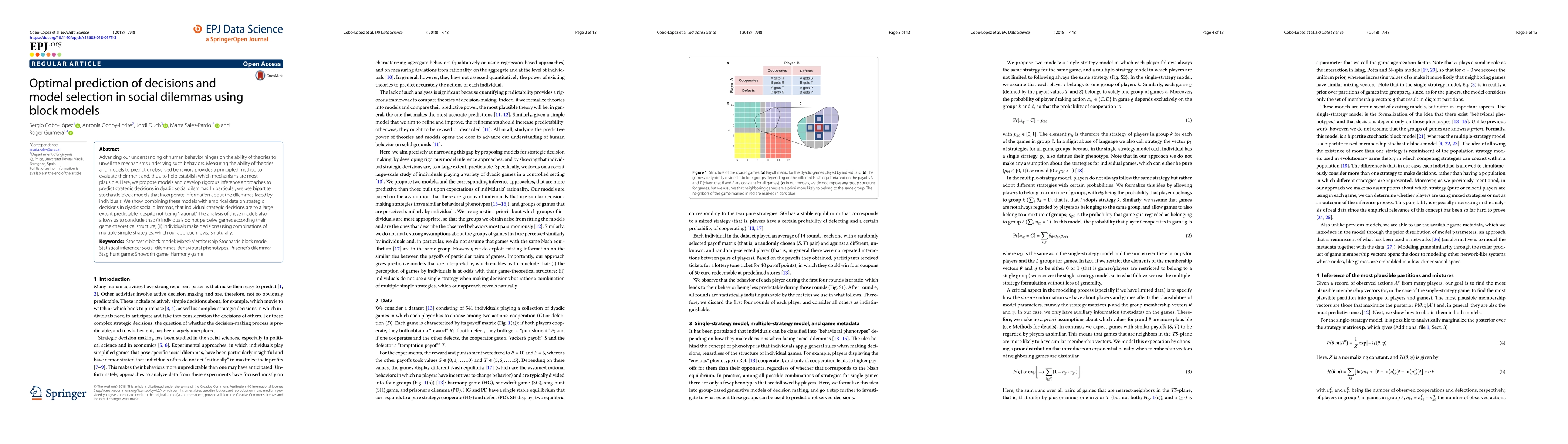 Thumbnail for Optimal prediction of decisions and model selection in social dilemmas
  using block models