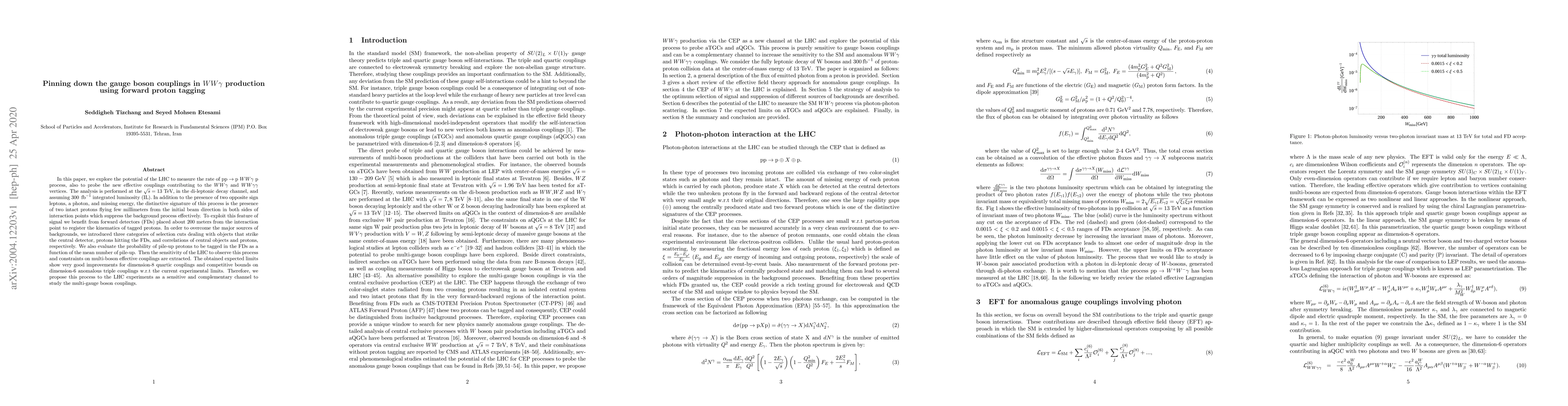 Thumbnail for Pinning down the gauge boson couplings in $WW\gamma$ production using
  forward proton tagging