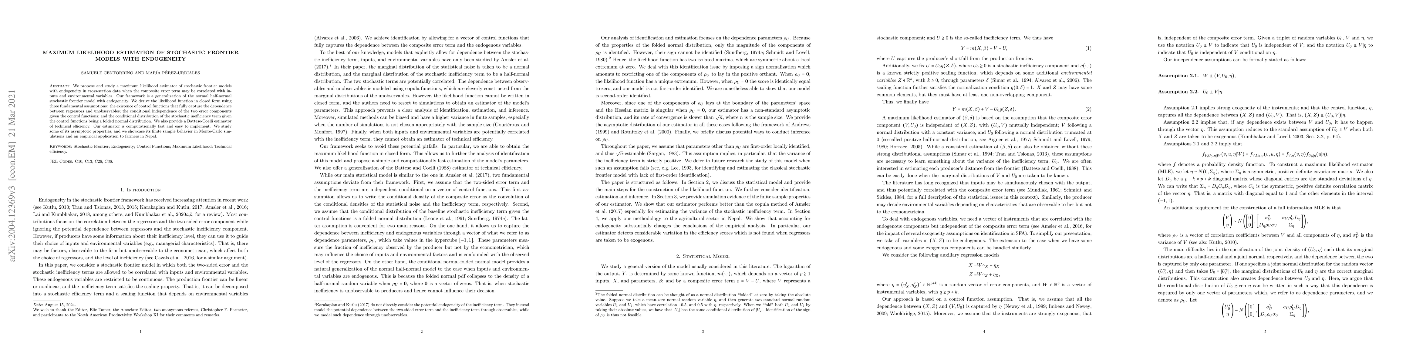 Thumbnail for Maximum Likelihood Estimation of Stochastic Frontier Models with
  Endogeneity