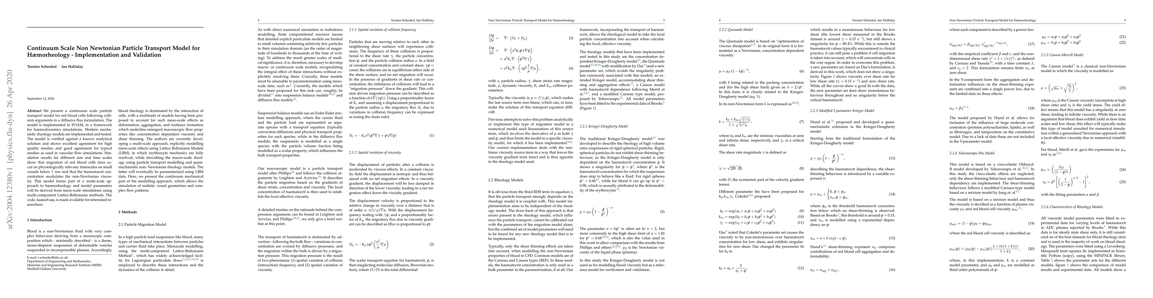 Thumbnail for Continuum Scale Non Newtonian Particle Transport Model for Haemorheology
  -- Implementation and Validation