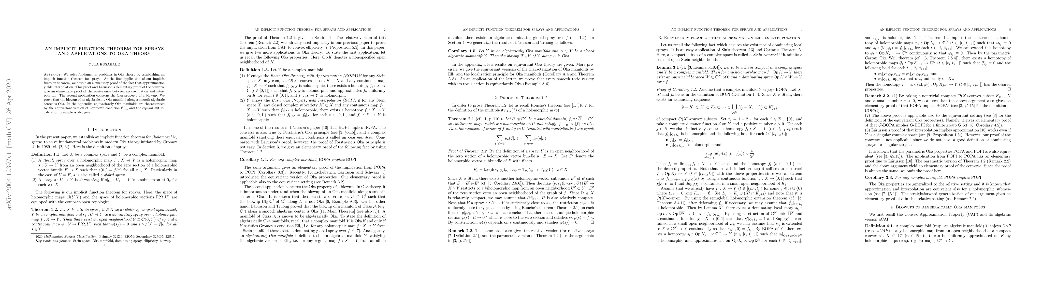 Thumbnail for An implicit function theorem for sprays and applications to Oka theory