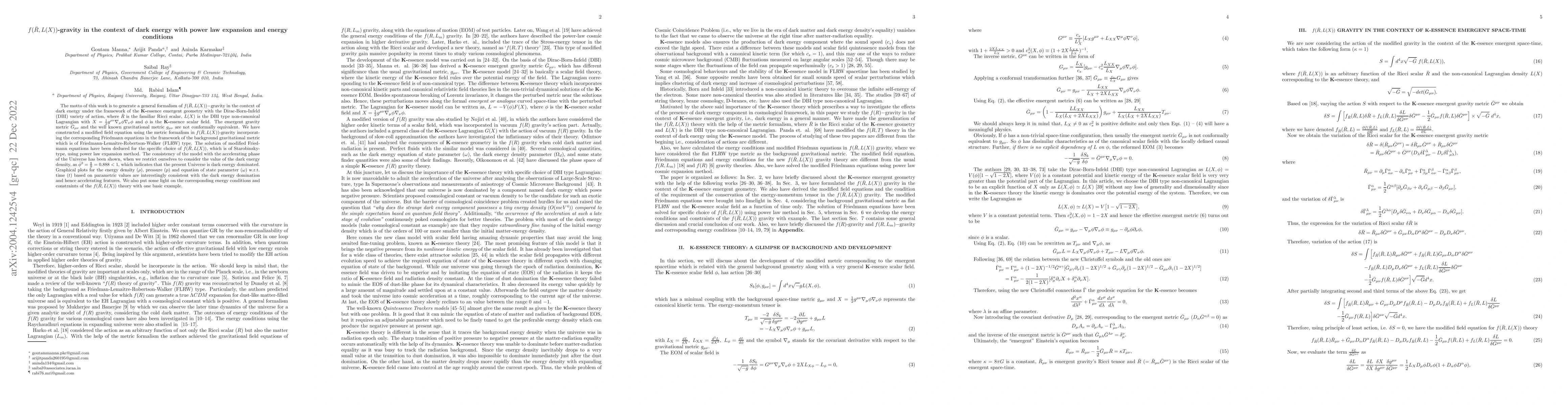 Thumbnail for $f(\bar{R}, L(X))$-gravity in the context of dark energy with power law
  expansion and energy conditions