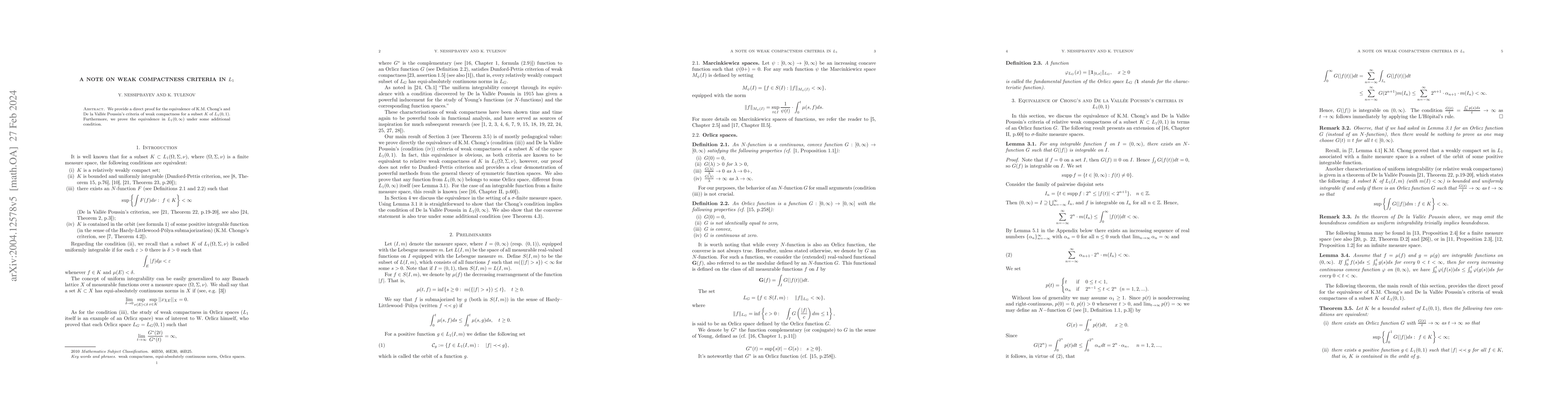 Thumbnail for Weak compactness criteria in $L_1$ space in terms of Orlicz function