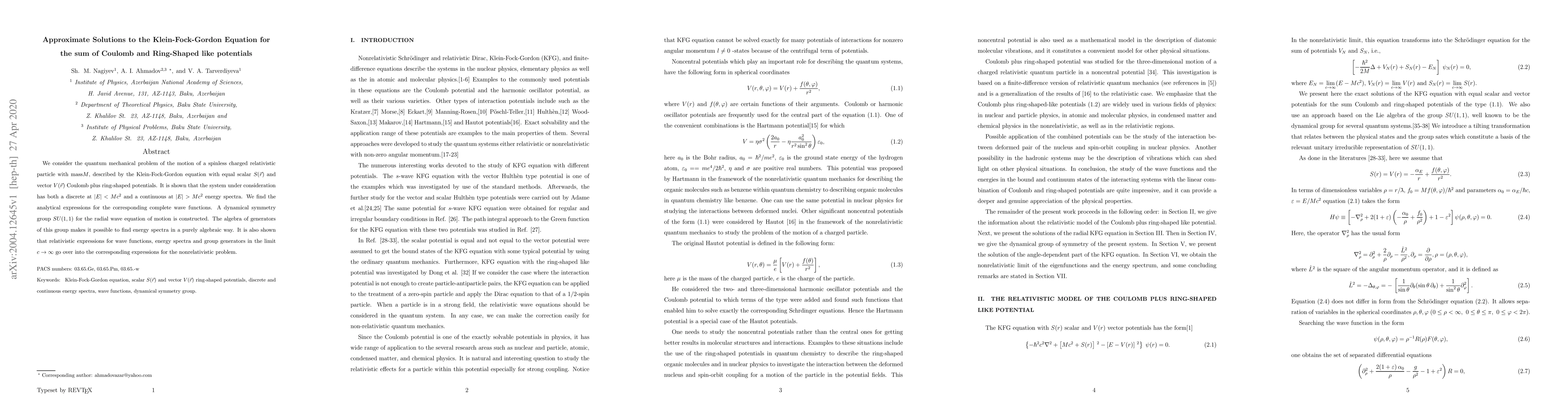 Thumbnail for Approximate Solutions to the Klein-Fock-Gordon Equation for the sum of
  Coulomb and Ring-Shaped like potentials