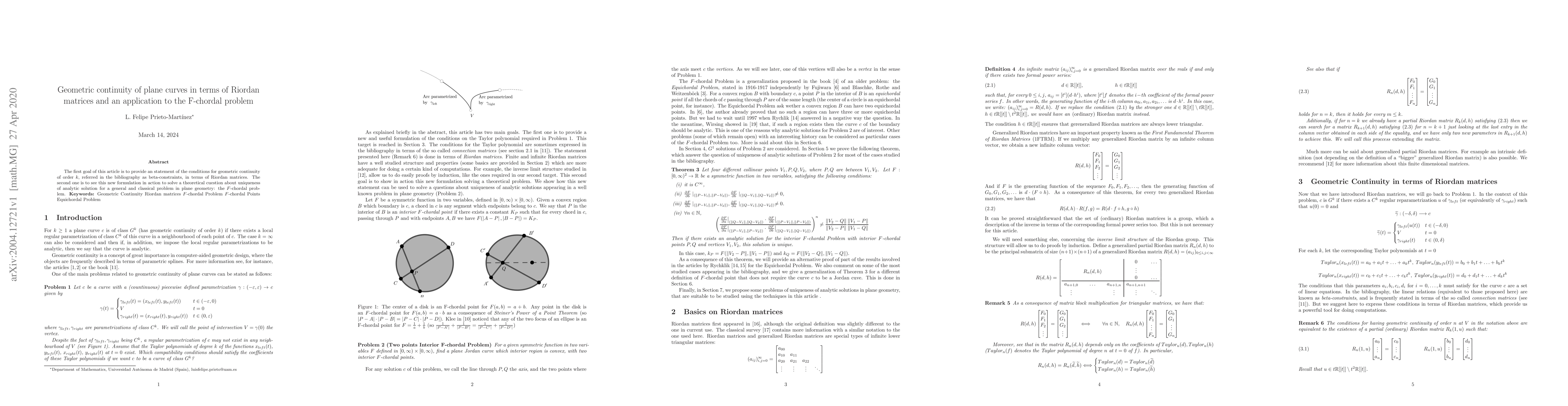 Thumbnail for Geometric continuity of plane curves in terms of Riordan matrices and an
  application to the F-chordal problem