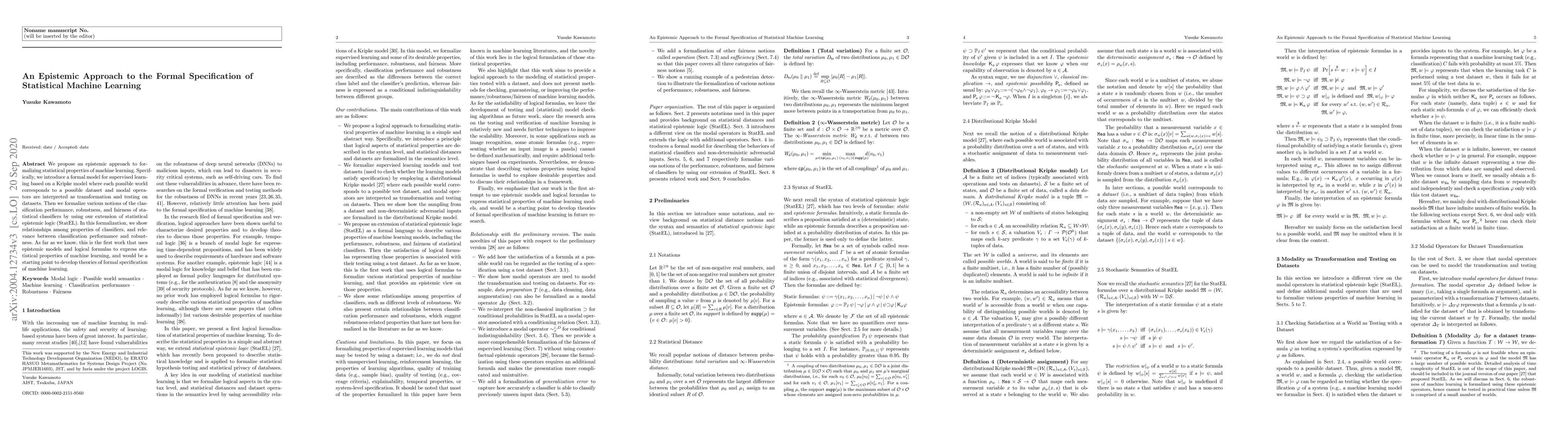 Thumbnail for An Epistemic Approach to the Formal Specification of Statistical Machine
  Learning