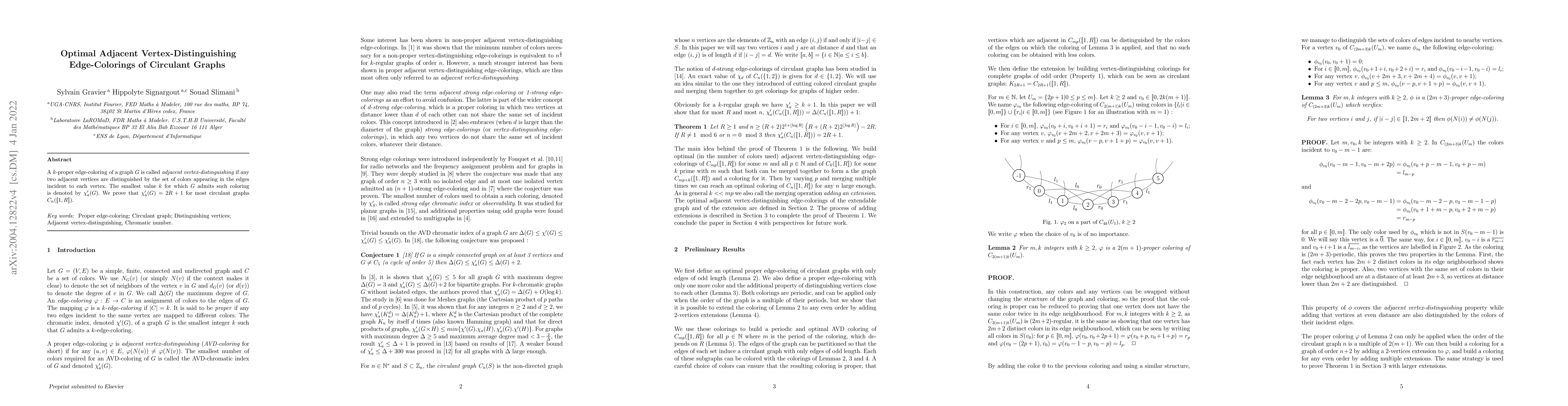 Thumbnail for Optimal Adjacent Vertex-Distinguishing Edge-Colorings of Circulant
  Graphs