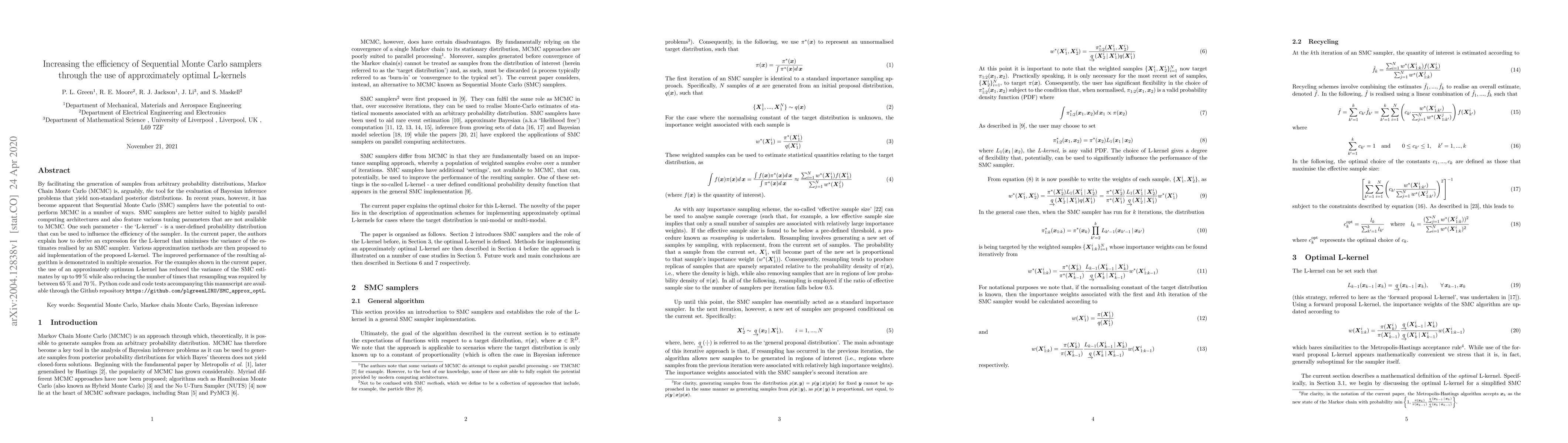 Thumbnail for Increasing the efficiency of Sequential Monte Carlo samplers through the
  use of approximately optimal L-kernels