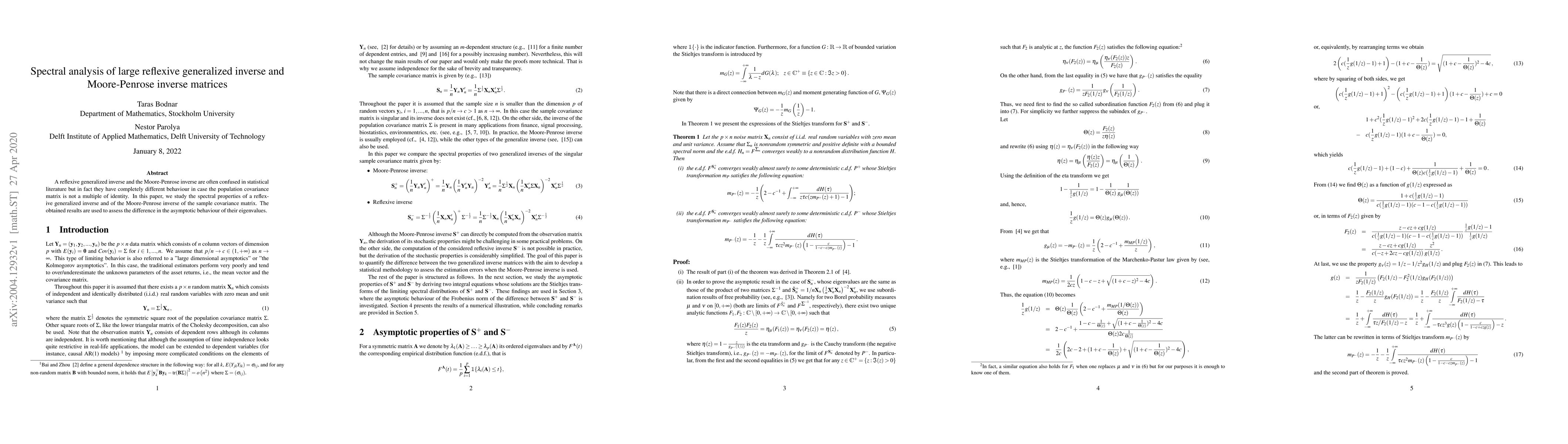 Thumbnail for Spectral analysis of large reflexive generalized inverse and
  Moore-Penrose inverse matrices