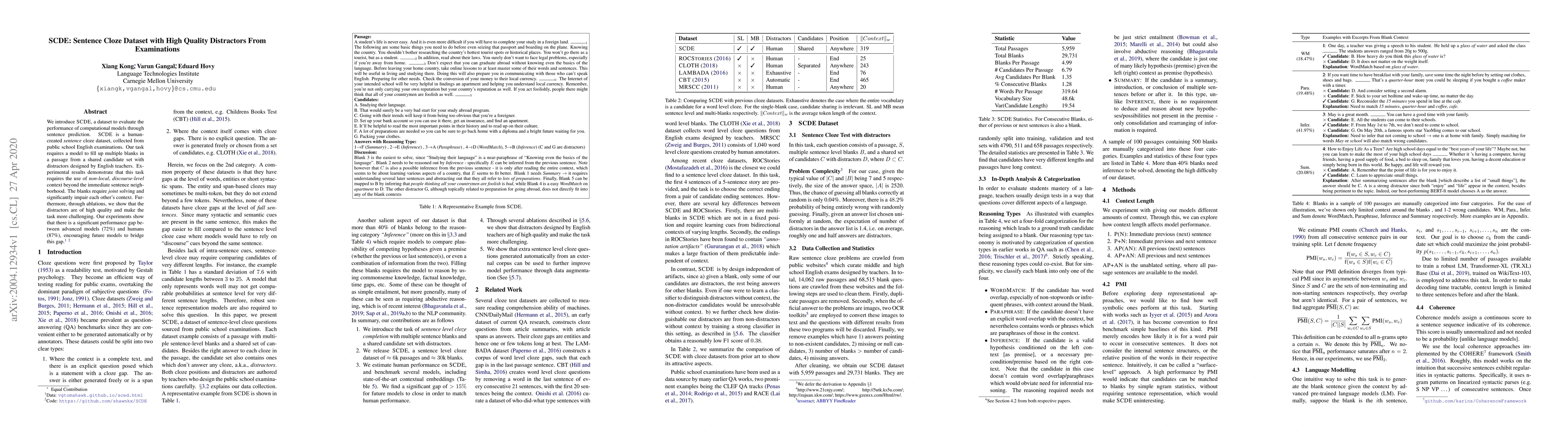 Thumbnail for SCDE: Sentence Cloze Dataset with High Quality Distractors From
  Examinations