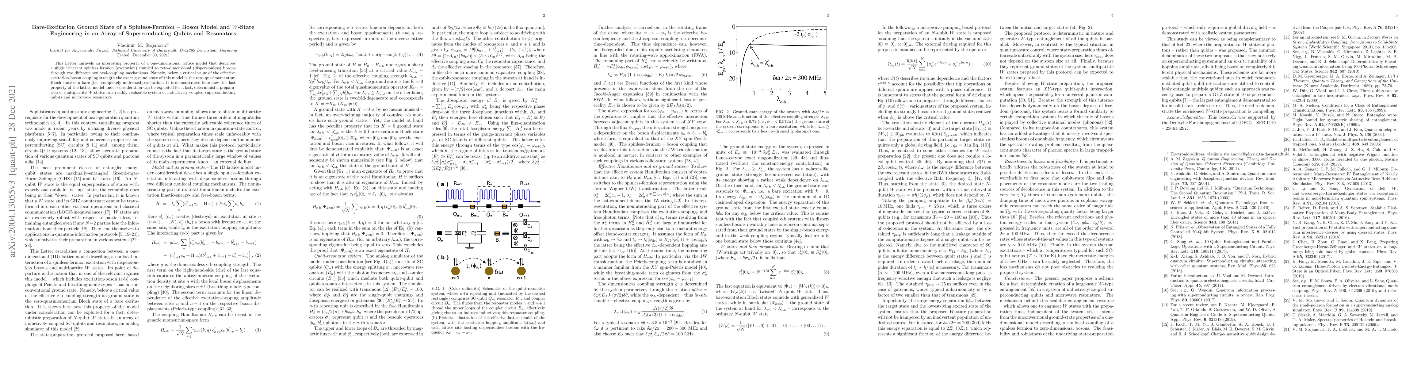 Thumbnail for Bare-Excitation Ground State of a Spinless-Fermion -- Boson Model and
  $W$-State Engineering in an Array of Superconducting Qubits and Resonators