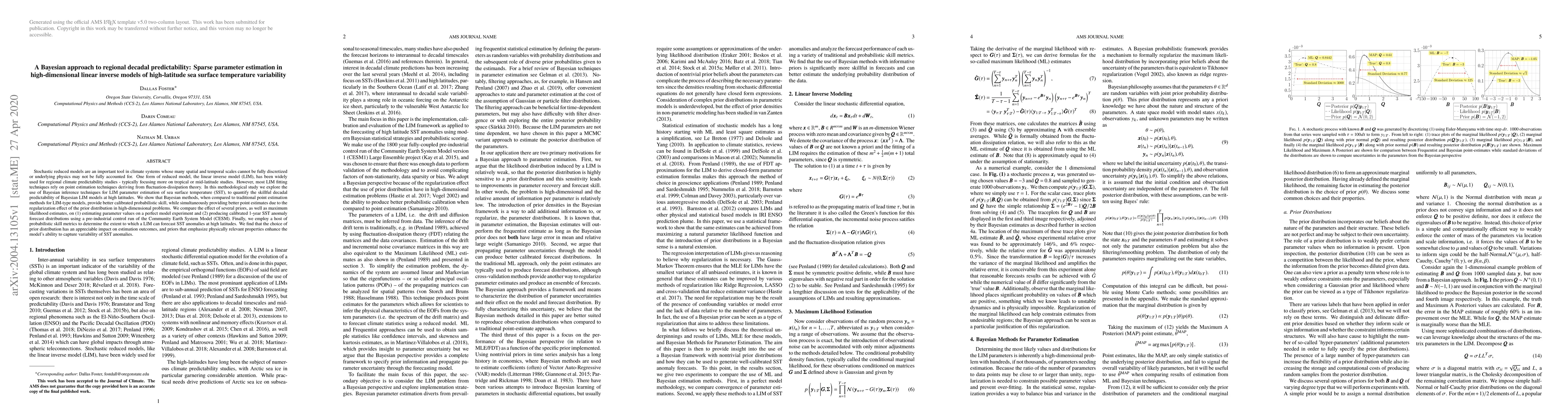 Thumbnail for A Bayesian approach to regional decadal predictability: Sparse parameter
  estimation in high-dimensional linear inverse models of high-latitude sea
  surface temperature variability