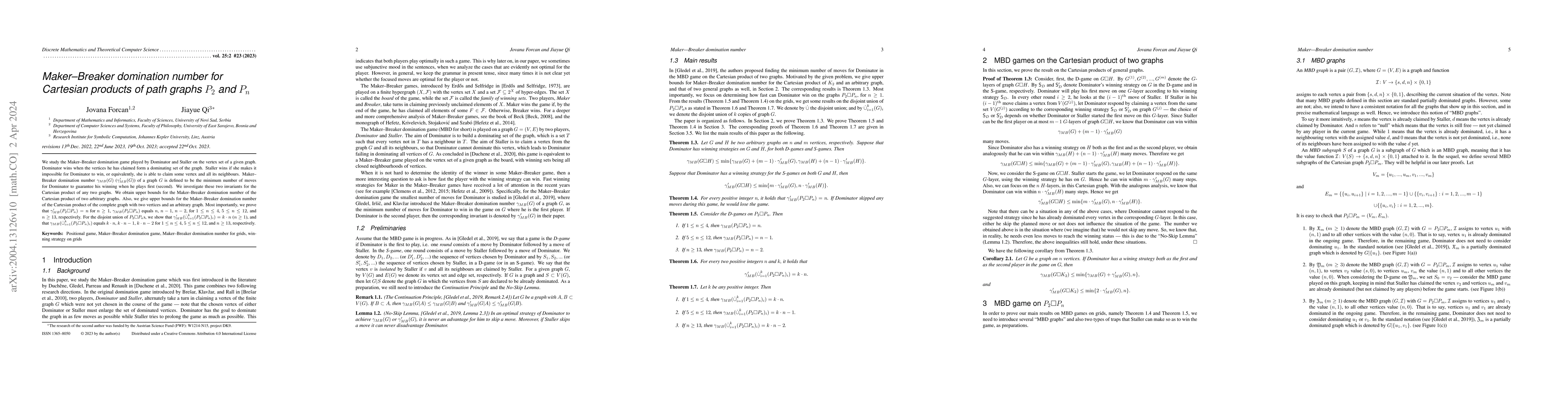 Thumbnail for Maker-Breaker domination number for Cartesian products of path graphs
  $P_2$ and $P_n$
